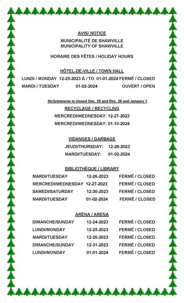 Shawville Holiday Hours 2023